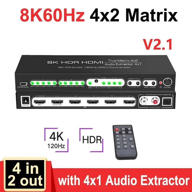 

HDR10 ARC 8K 60Hz HDMI Matrix 4x2 Dolby 4K HDMI Splitter 4 In 2 Out 4K120Hz Video Switch Audio Extractor for PS5 XBOX PC HDMI2.1