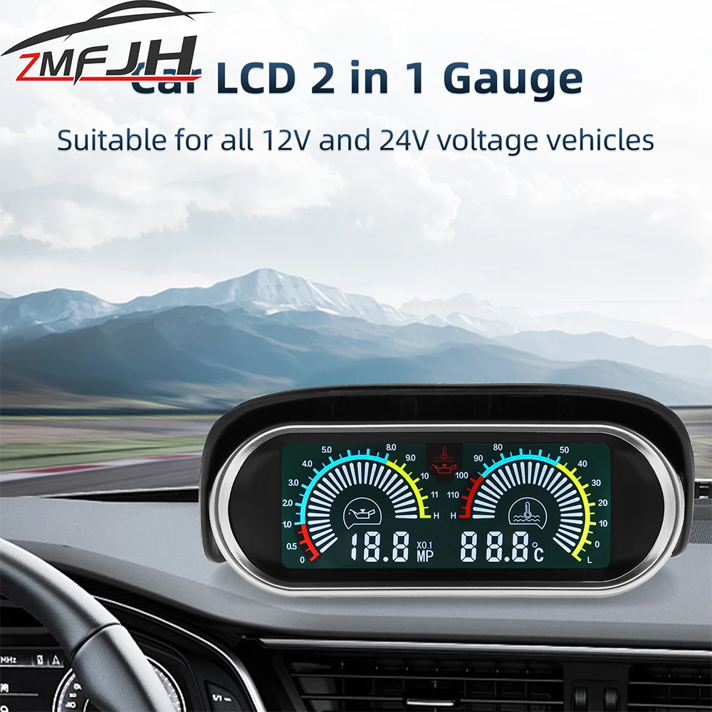 

2 IN 1 LCD Universal Car Horizontal Water Temp Gauge + Oil Pressure Gauge 1/8NPT Water Temp Adapter for 10mm Temperature Sensor