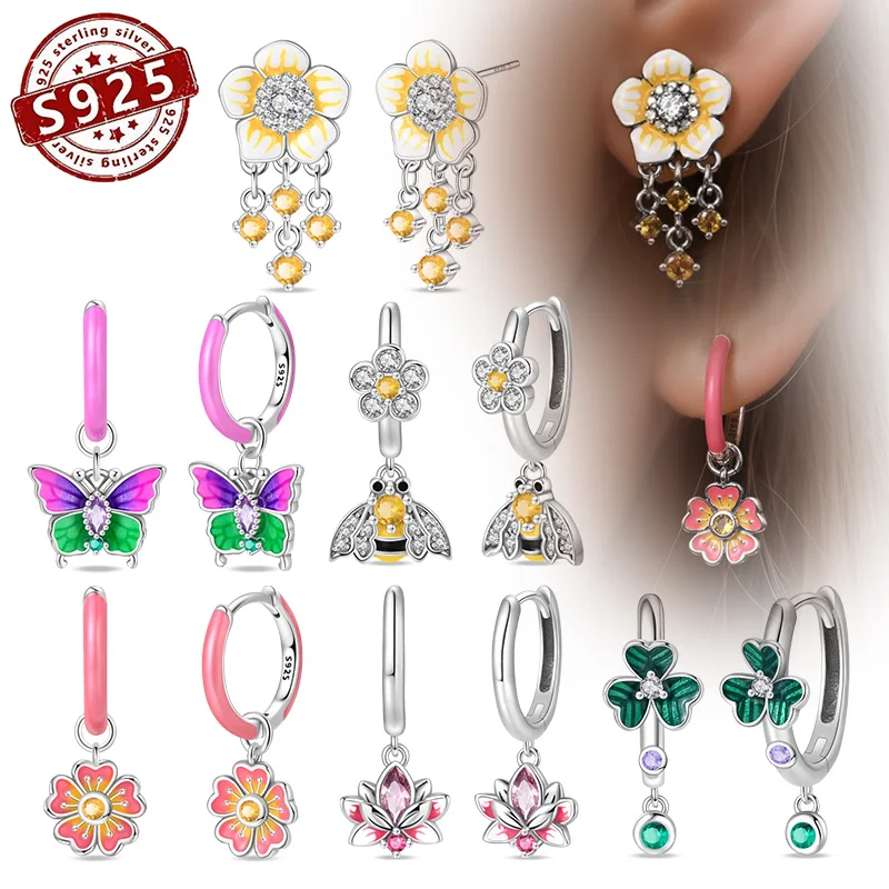 

Flowers butterflies bees Hoop Earrings 925 Sterling Silver Earrings For Woman Wedding Party Wedding Fashion Jewelry Gift