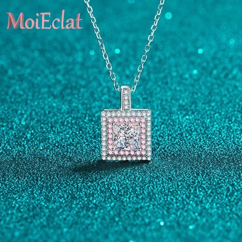 MoiEclat Store Platinum PT950 1ct Pink Moissanite Sugar Cube Pendants Necklace Jewelry, Vintage-Inspired Solitaire Chain