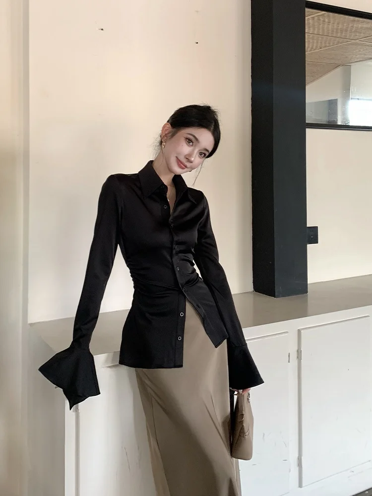 

Комплект Syj ujia Ele Ladylike: блузка с рукавами-колокол и юбка, ранняя осень, высокая талия, стройнящий эффект, модный комплект больших размеров