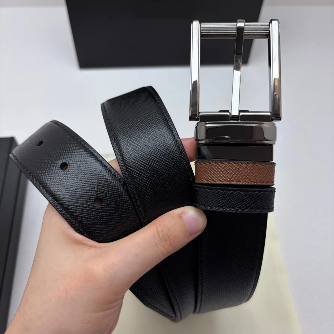 Luxury Men's Reversible Cross‑Grain Leather Belt Rotatable Pin Buckle Black Brown Dual‑Sided Casual Business Formal Waist Strap