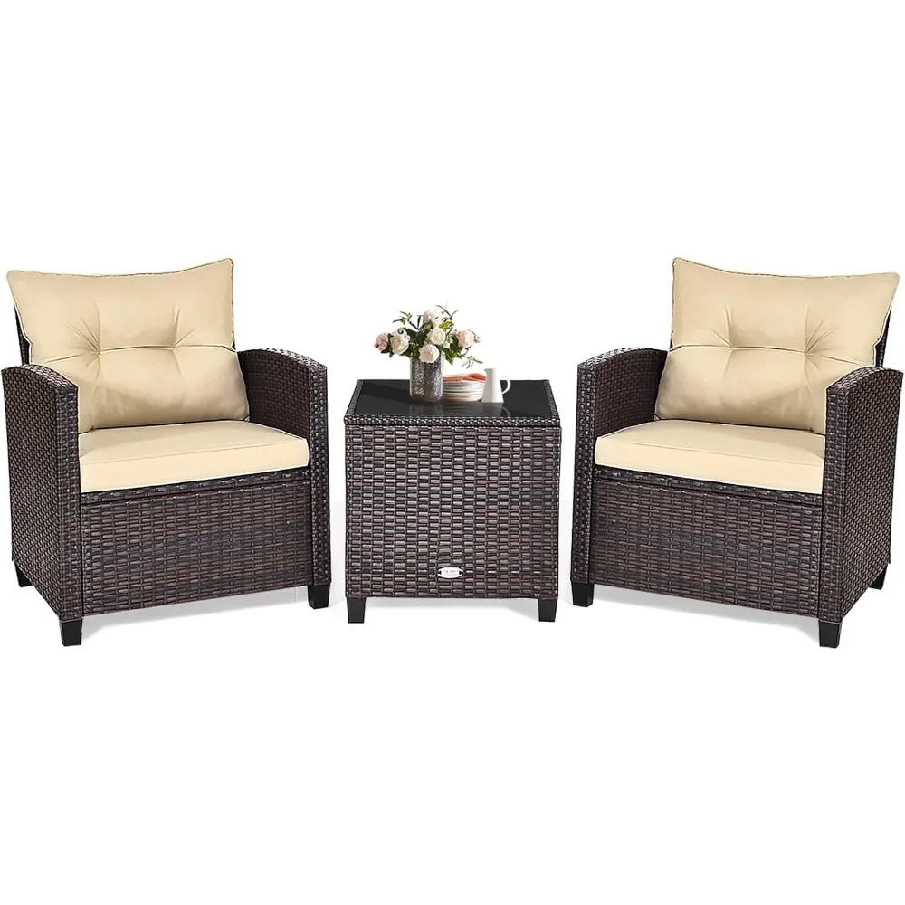 3 Piece Patio Furniture Set, Outdoor Conversation Set with Washable Cushions & Tempered Glass Tabletop, PE Rattan Wicker B