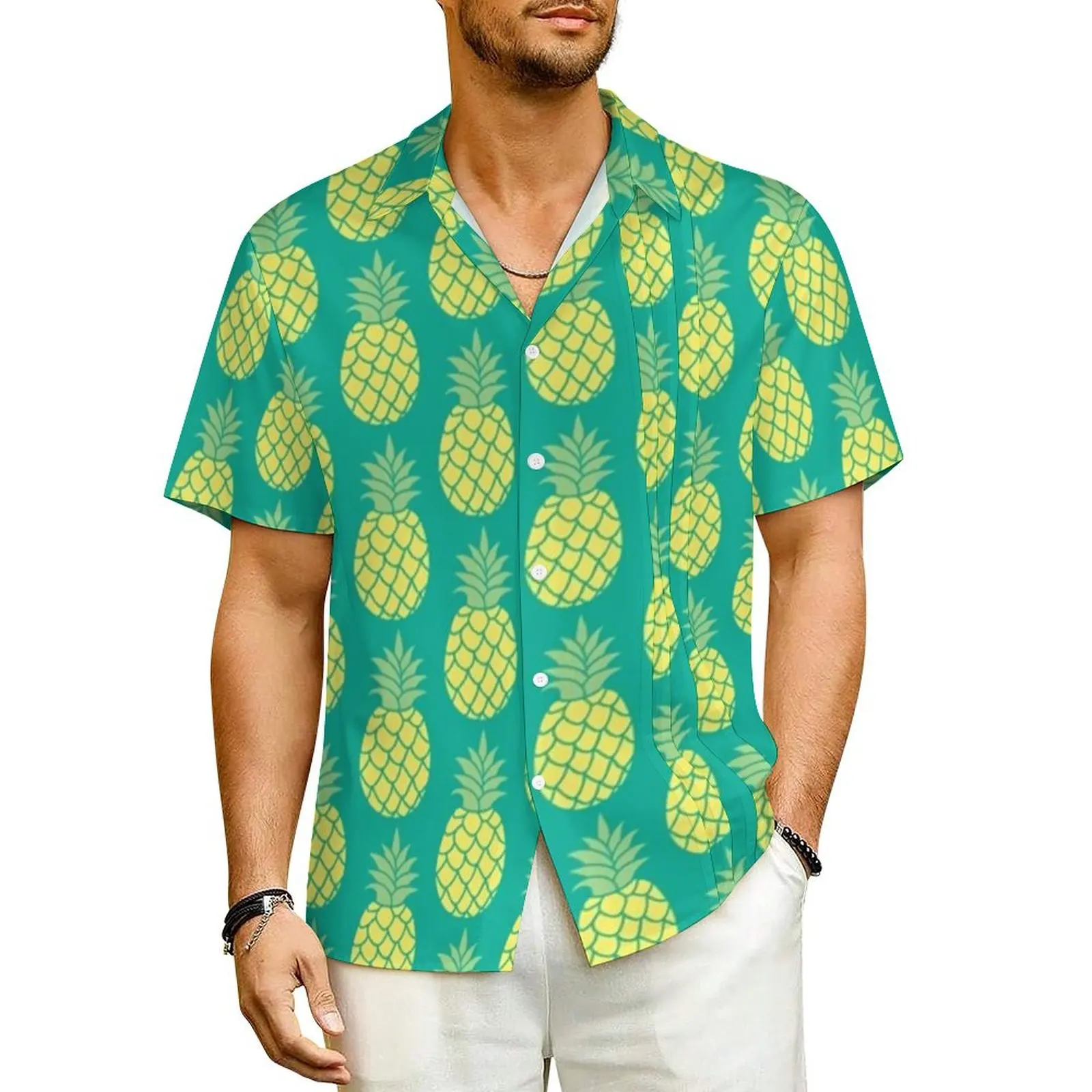 

Tropical Pineapple Vacation Shirt Men Fruit Print Trendy Casual Shirts Hawaiian Short Sleeve Breathable Oversized Blouses Gift