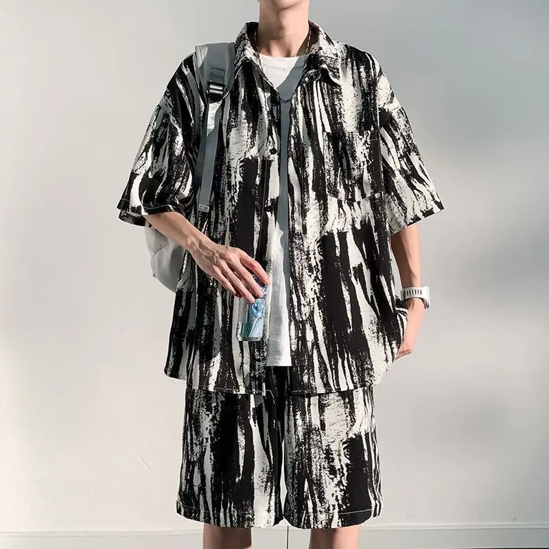 Ink and Wash Ice Silk Casual Shirt Set Breathable Tie-dye Summer Hawaii Loose Ruffian Shirt Short Sleeve Two-piece Shorts