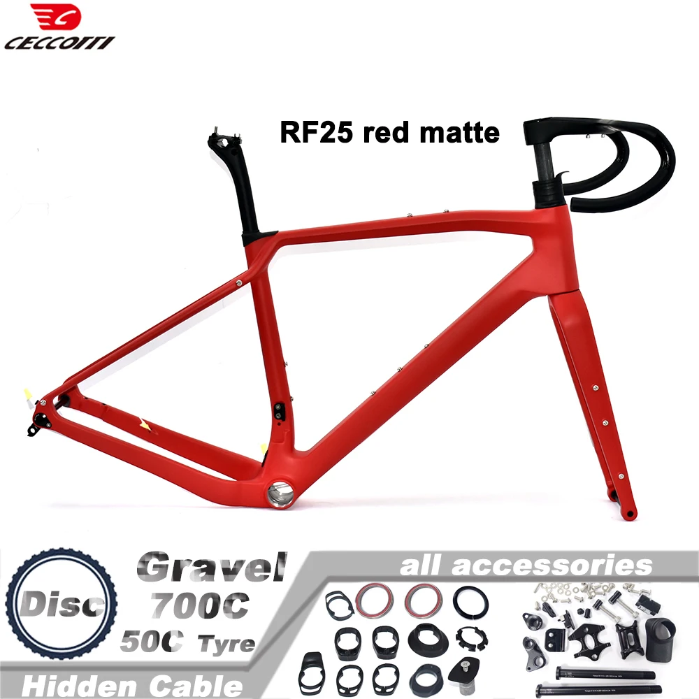 CECCOTTI 700C Gravel Road Bike Frame Set Carbon Fiber Fork Off-road 142mm Flat Disc Brake Road Bicycle Frame 700x50C Tire