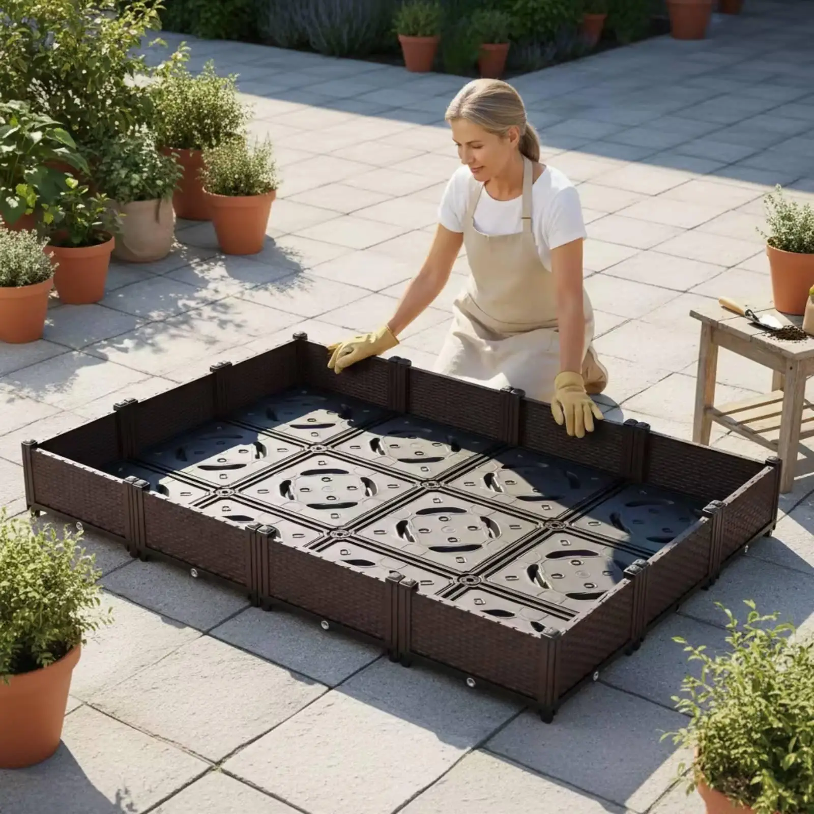 Rectangular Raised Garden Planter with Built in Water Tray for Balcony Patio Indoor Outdoor Plants