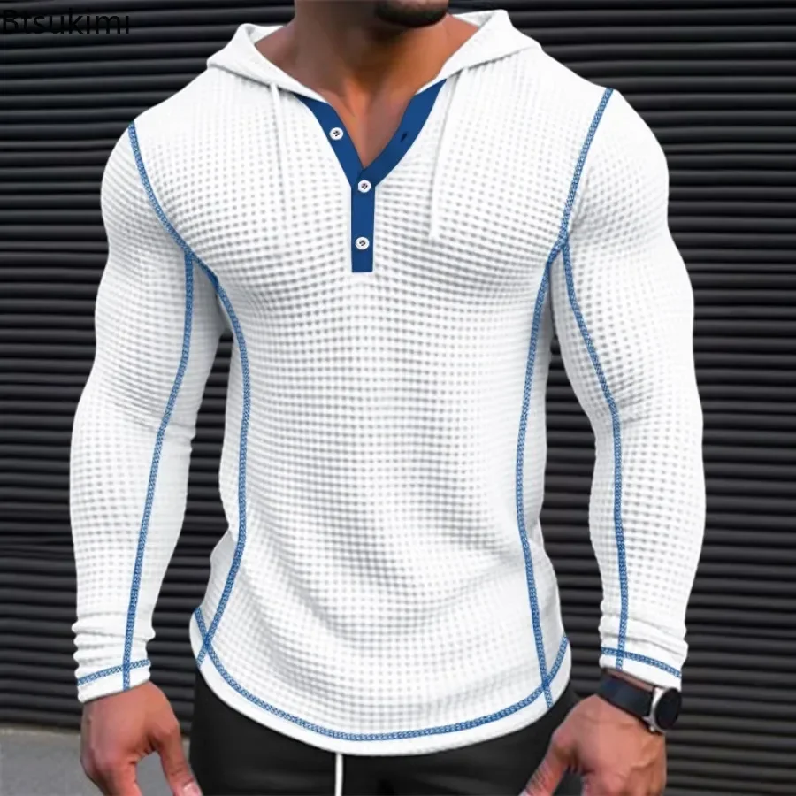 2026 Casual Long Sleeve Waffle Hoodies for Men Street Sport Fitness Pullover Stitching Hooded Drawstring Sweatshirt Men Clothing