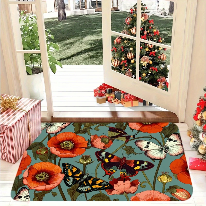 Poppy and butterfly pattern Flannel-printed floor mats has a non-slip function is suitable entrances bathroom welcome carpets