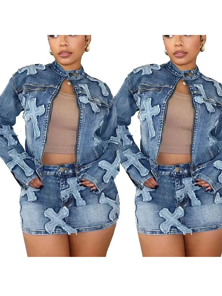 Women Denim Patchwork Jacket Skirt 2 Piece Sets Long Sleeves Zipper Slim Denim Coat Hip Hugging Jeans Short Skirt Retro Outfits