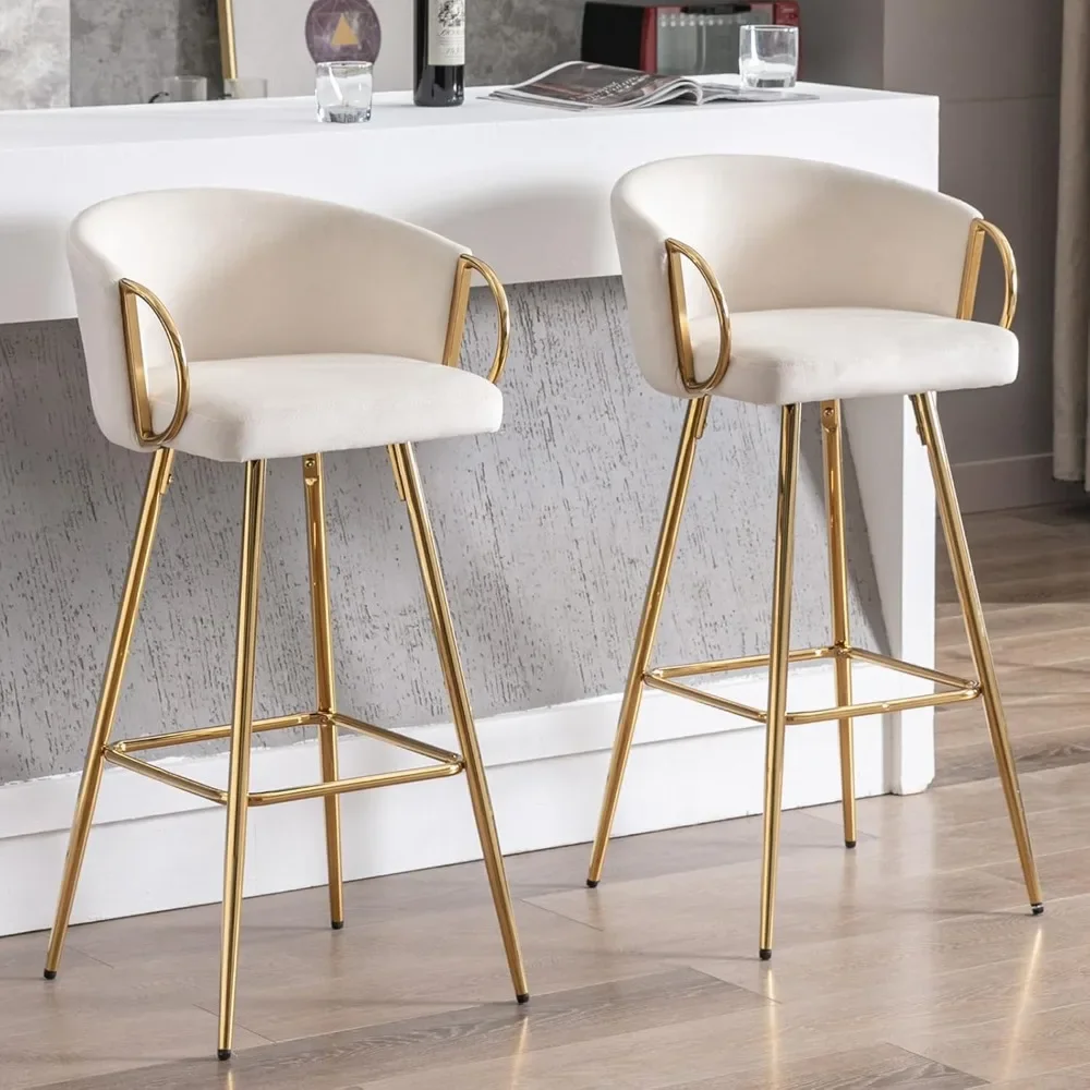 Stools Set of 4, 26 Inch Counter Height Bar Stools Velvet Low Back Chair with Golden Armrest for Kitchen Island/Home Bar/Dining