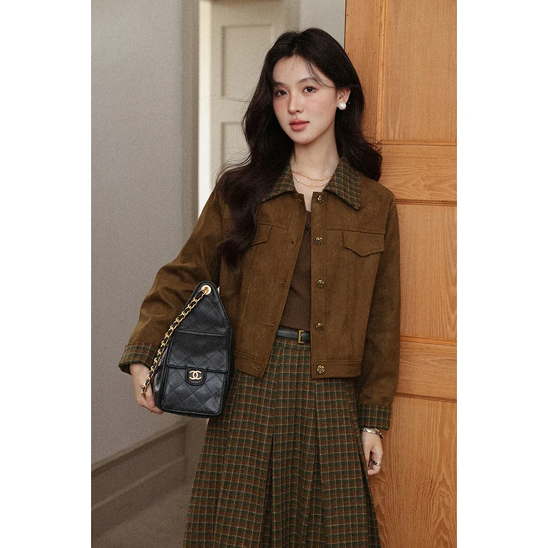 

ALXNAN Vintage Women's Brown Jacket 2025 Autumn Winter New Plaid Lapel Short Jackets Casual Loose-fit Elegant Coat Female L57313