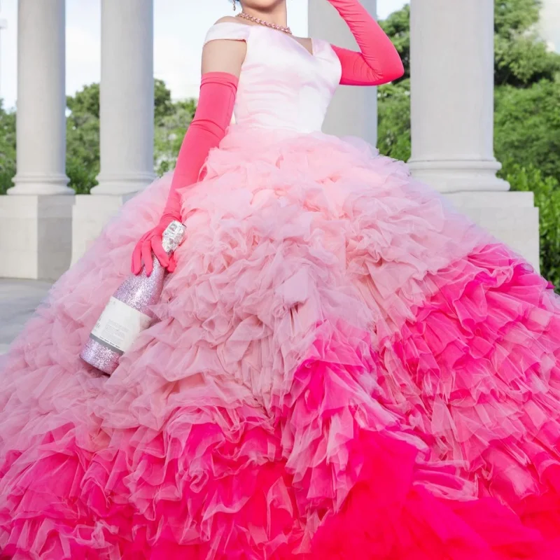 

Pink Quinceanera Dresses Off the Shoulder Glitter Decal Long tail Lace Layered Ruffles Vestidoe 15 Quinceanera Customize