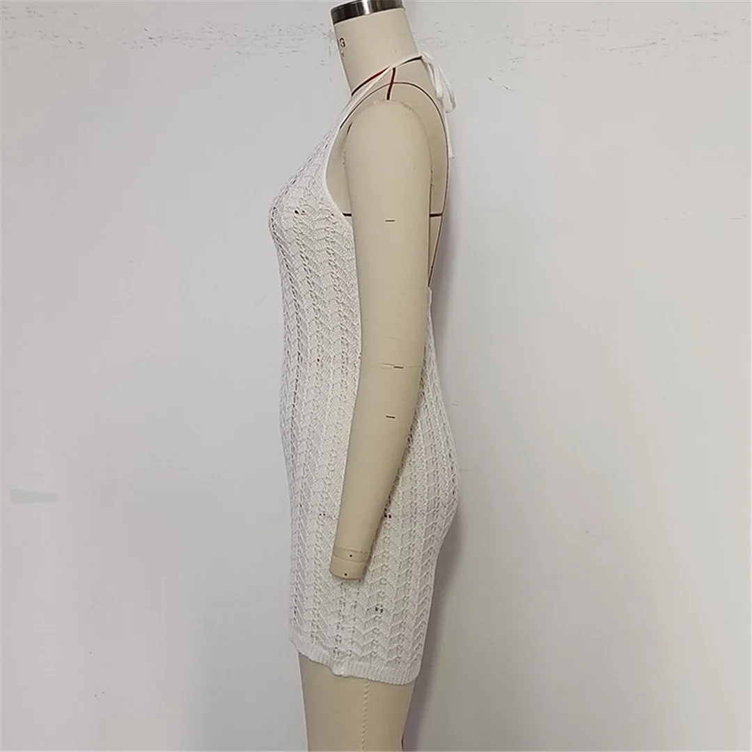 Halterneck, rückenfreies, gehäkeltes, gestricktes Tunika-Strandkleid, Strandmode, Strandbekleidung, Strand-Cover-up, Damen, V6480 – Detail 10