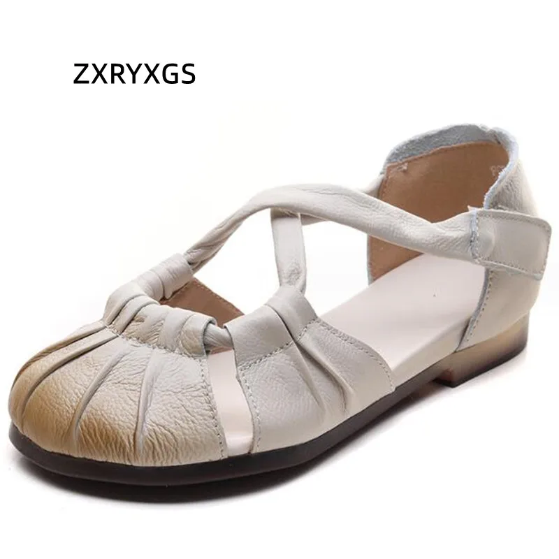 ZXRYXGS Women Roman Sandals 2024 New Round Toe Summer Shoes Cow Tendon Soft Sole Flat Sandals Superior Cow Leather Beach Sandals