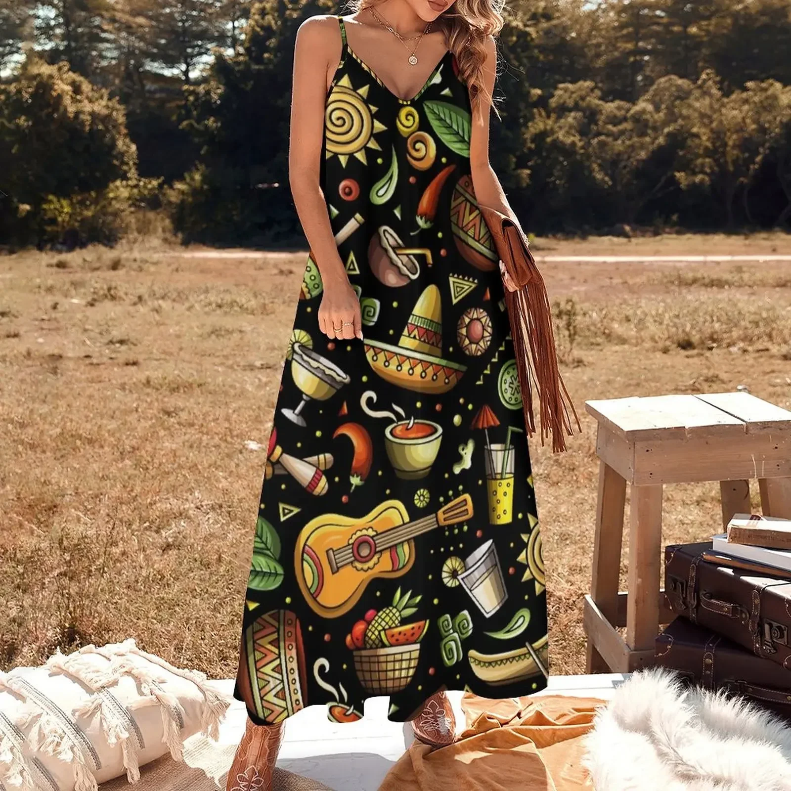 Cartoon hand-drawn latin american, mexican seamless pattern Sleeveless Dress summer dress Women's long dress