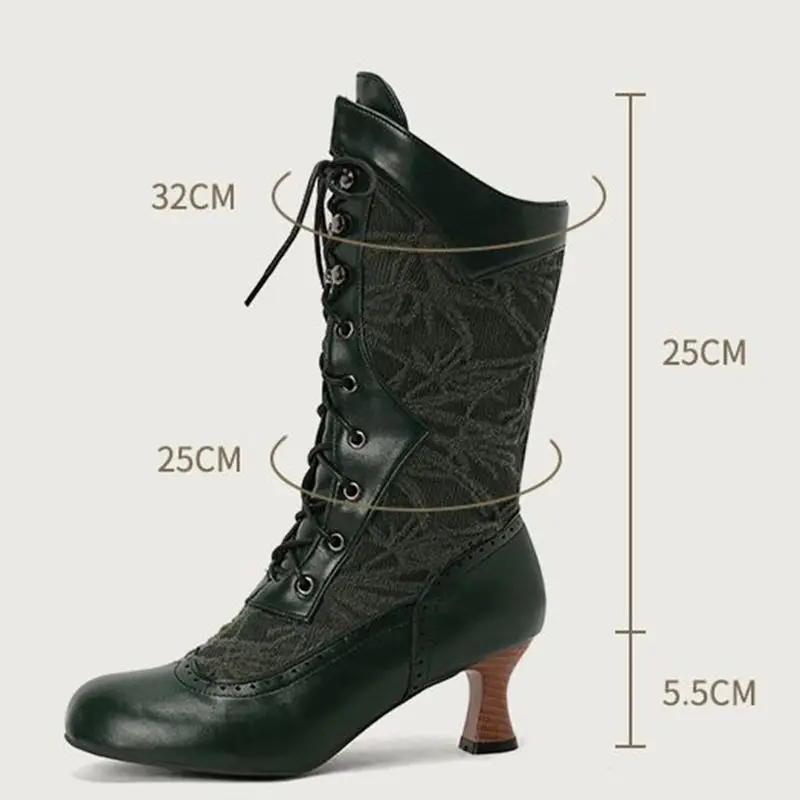 

ORCHA LISA 2025 New Women's Mid Calf Boots Round Toe 5.5cm Strange Heel Lace Up Cutout Mesh Big Size 48-50 Vintage Dating