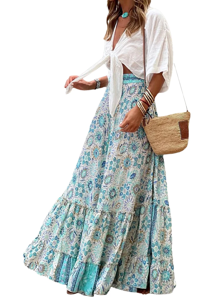 Women Flowy Boho Skirt Color Contrast Printed Ruffled Hem Summer Casual Skirt for Beach Vacation Club Streetwear Aesthetic