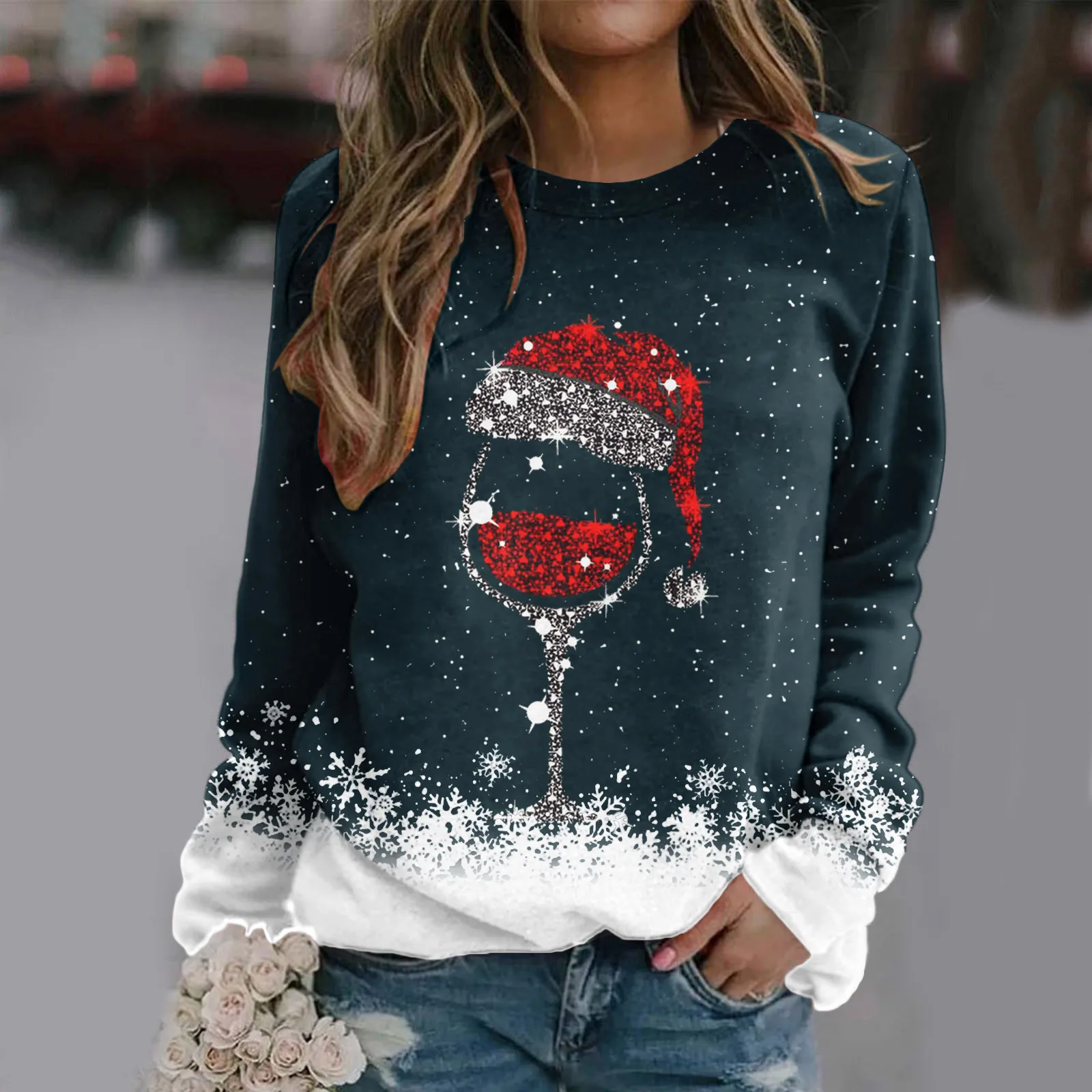 Women Hoodie Tops Christmas Long Sleeve O-Neck Pullovers Sweater Autumn Long Sleeve O-Neck Red Hat Wine Glass Print Sweatshirts