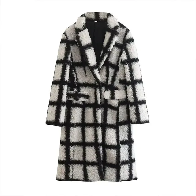 

BabYoung Winter New Fashion Women Coats Black And White Plaid Turn-Down Collar Long Sleeves Pockets Female Vintage Overcoats