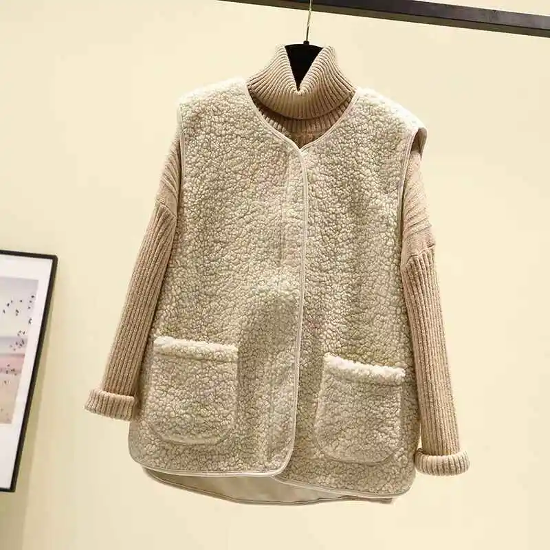 Fashion Lamb Wool Vest Women Autumn/Winter New Zipper Pockets Loose Warm Sleeveless Jackets Casual Versatile Plush Waistcoats