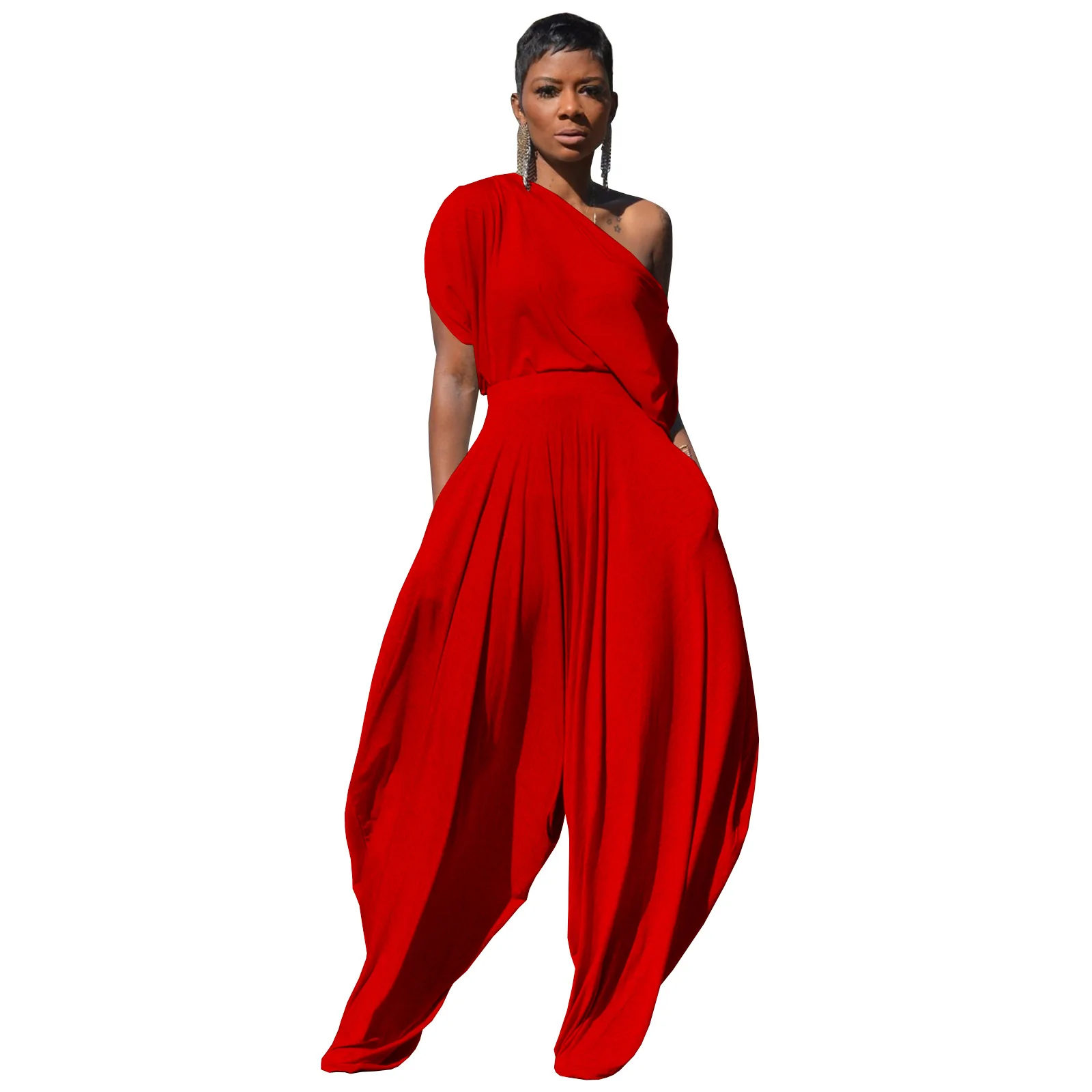 Set da due pezzi da donna con spalle scoperte, collo obliquo, manica corta, top asimmetrico e pantaloni Hamer, set coordinato, abiti casual larghi