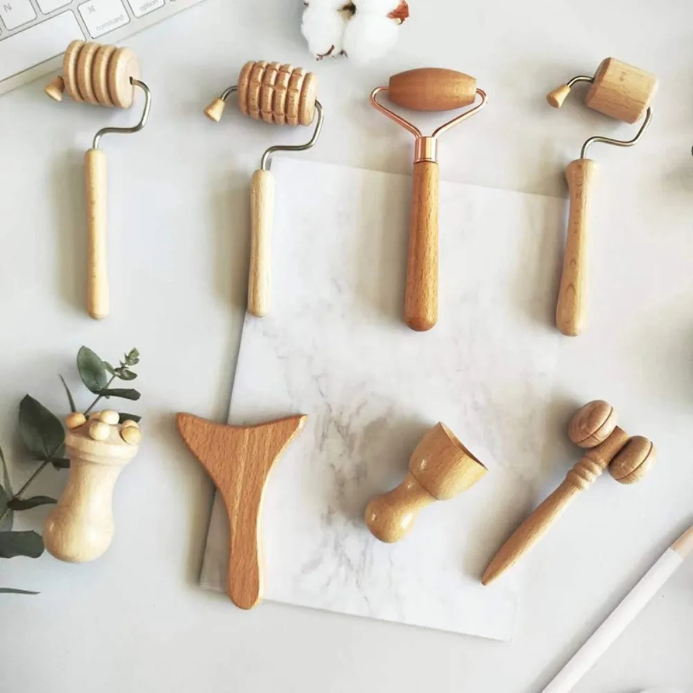 6/7/8Pcs/Set Wooden Facial Massage Tools Roller Scraping Board Face Massager Kit Durable Anti-Aging Facial Care Kit