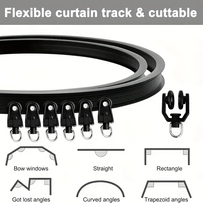 Flexible Bendable Curtain Track Heavy Duty Sliding Rail System Ceiling Wall Mount Black Curved RV Room Divider