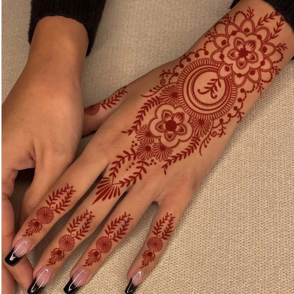 

Maroon Color Henna Tattoo Stickers Flower Waterproof Instant Decals Ethnic Style Mehndi Designs Body Art Sticker Summer Vacation