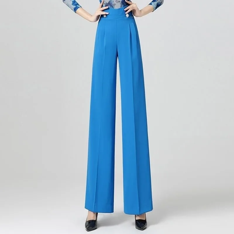 

moWomen's new blue high-waisted slimming social dance Moden pants long pants ballroom dance