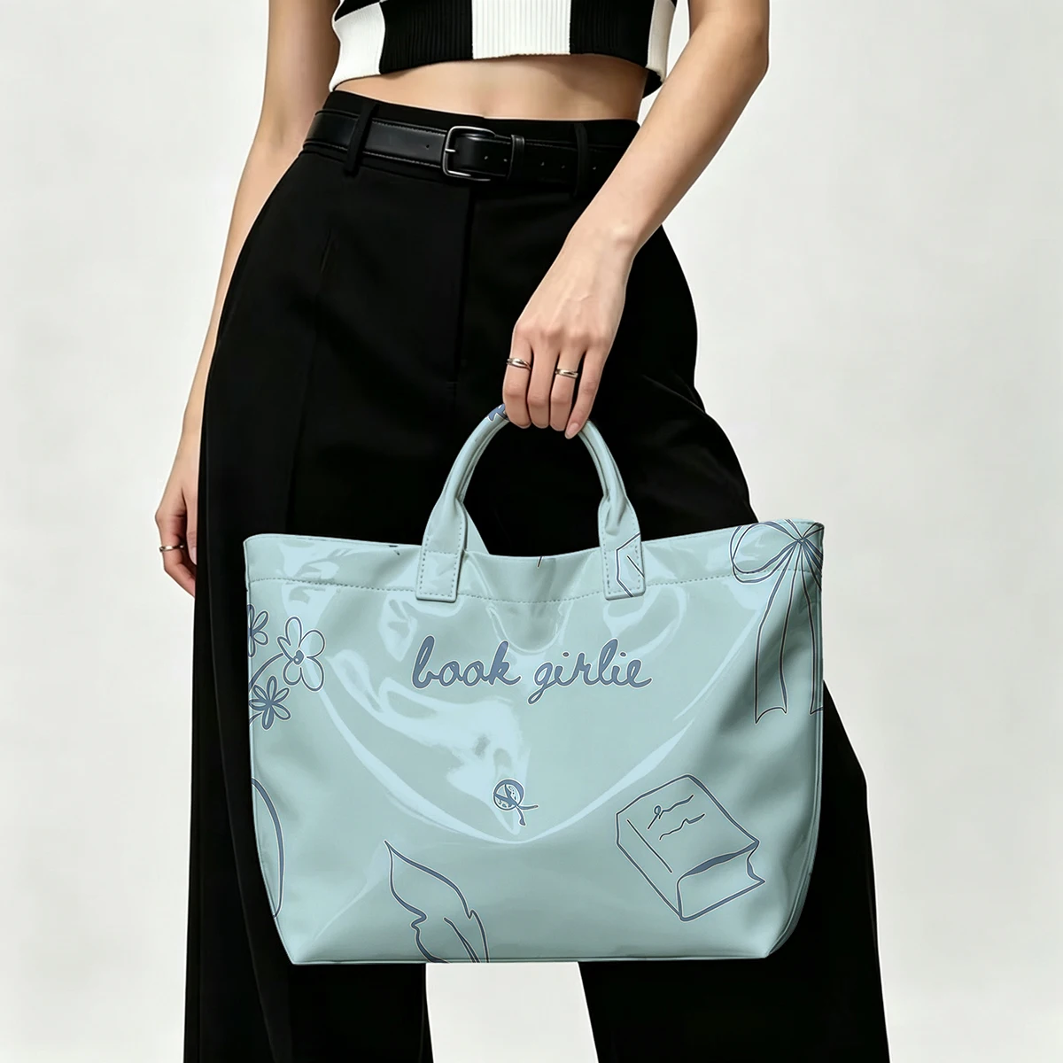 Blue Book Girl Floral PVC Tote Bag Waterproof Transparent Jelly Bag Beach Bag Tote Pouch Bow Handbags Storage Bag