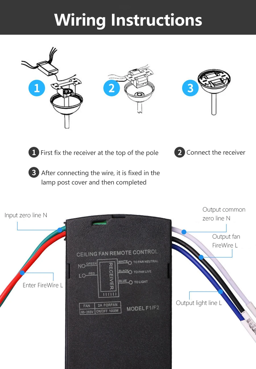 Ceiling Fan Light Lamp Timing Wireless Remote Control Receiver 30 Meter Distance Remote Switch Speed Control Parts