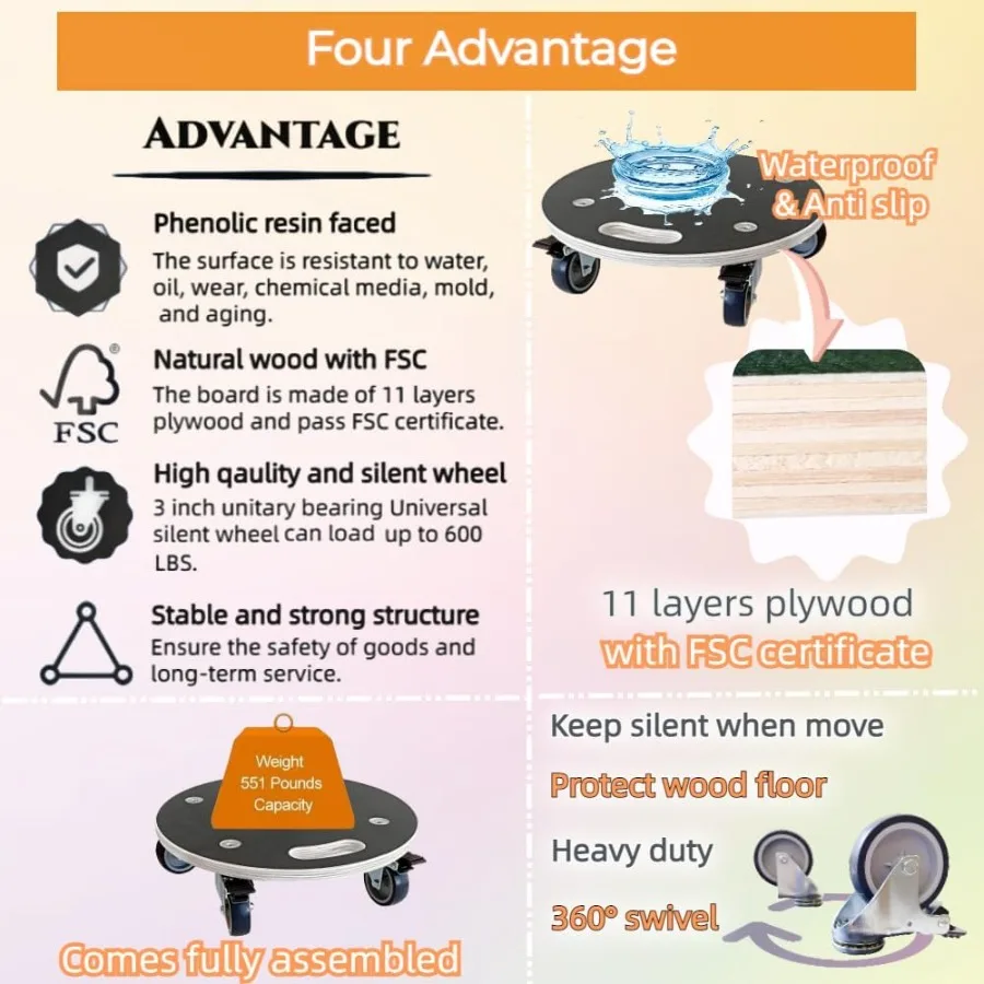 Dolly Platform Kayu Bulat 15 Inci dengan Roda TPR Senyap 2" dengan 2 Rem + 2 Tanpa Kapasitas Beban 551-lb Furnitu Kayu Tugas Berat
