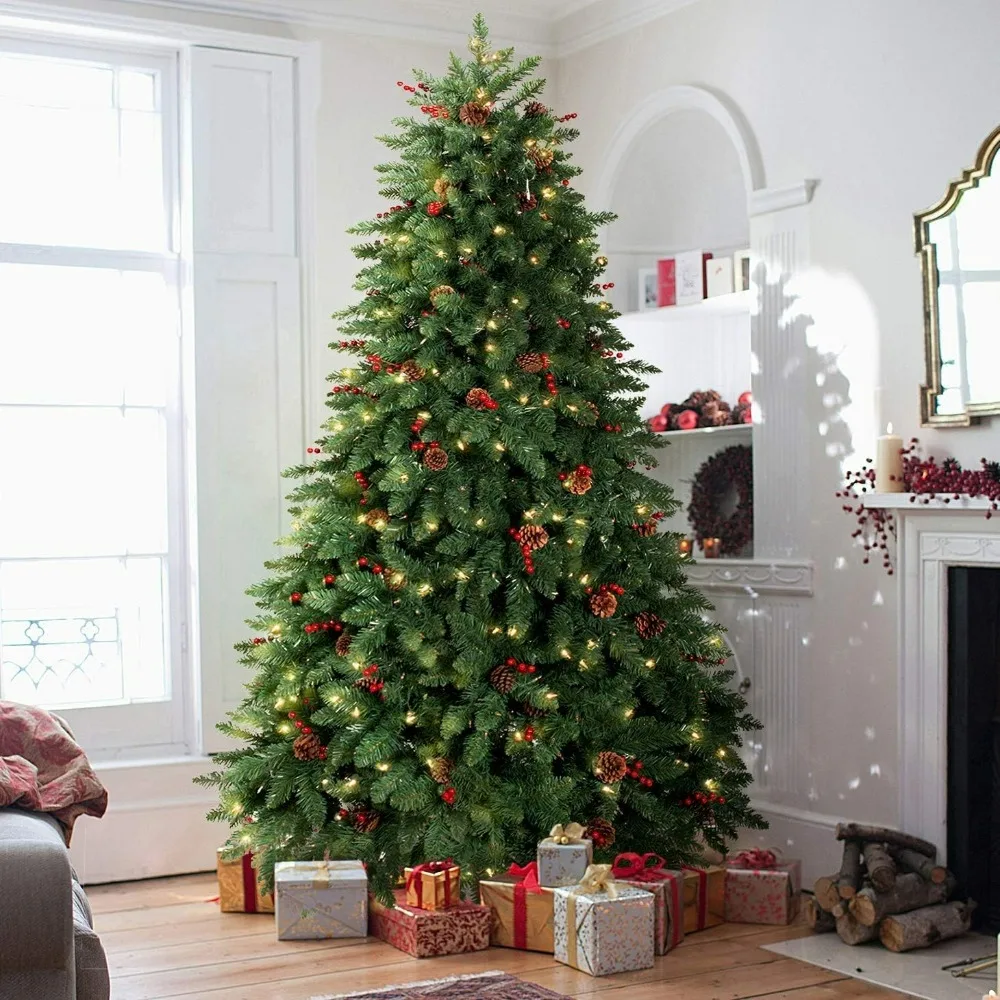 

Prelit Christmas Tree, Clear Warm Lights and Realistic Thicken Tips, Christmas Tree Pre-Decorated with Pinecones and Berries