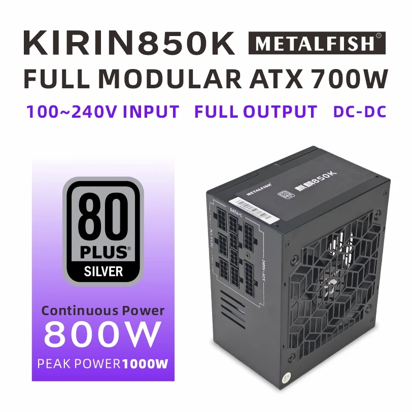 

METALFISH KIRIN850K ATX-600W 700W Black Power Supply 80 PLUS SILVER Support ATX3.0 Gaming Computer PSU for BTC(100-240V)