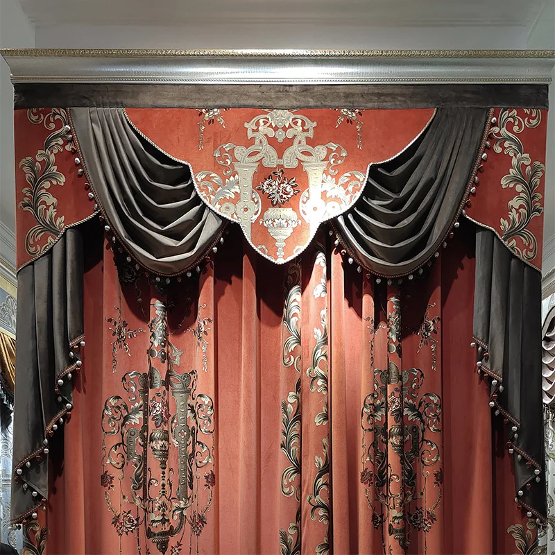 Custom curtain New luxury atmosphere orange noble palace villa American velvet cloth blackout curtain tulle valance drape C1083