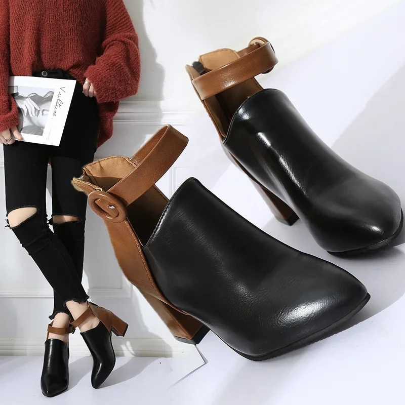 Women Boots British Style Zipper Chunky High Heels Plus Size PU Leather Pointed Toe Ankle Boots Belt Buckle Casual Shoes Botines