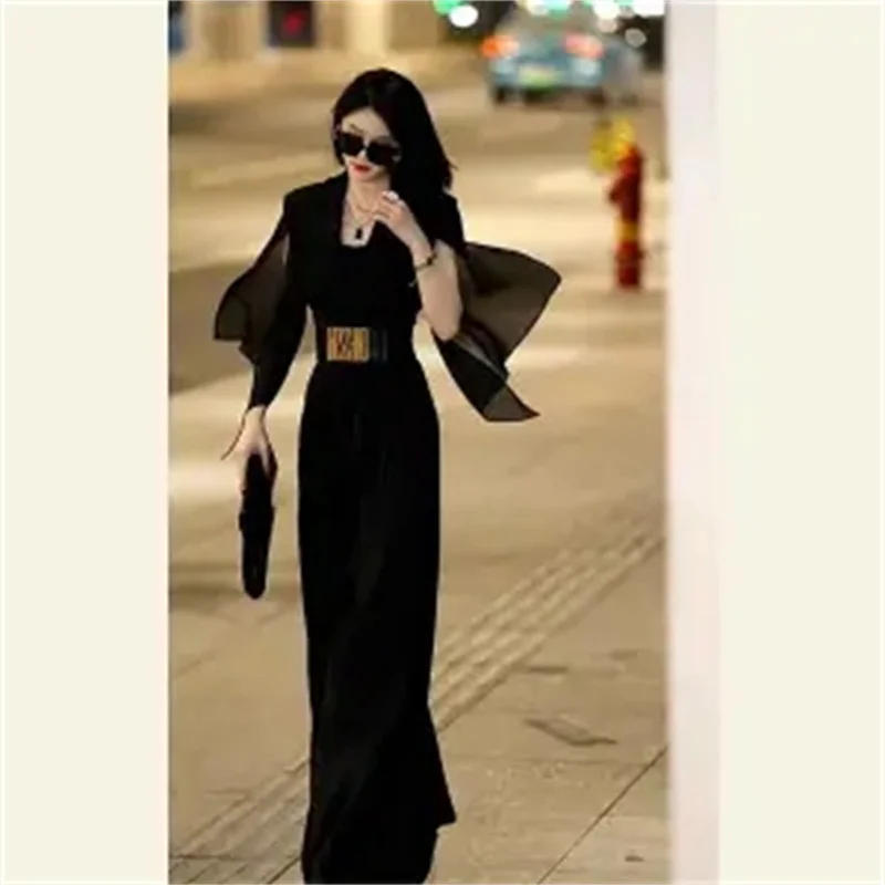 

2024 New Fashion Fried Street High-quality Temperament Goddess Fan Black Waist Wide-leg Pants Jumpsuit Woman