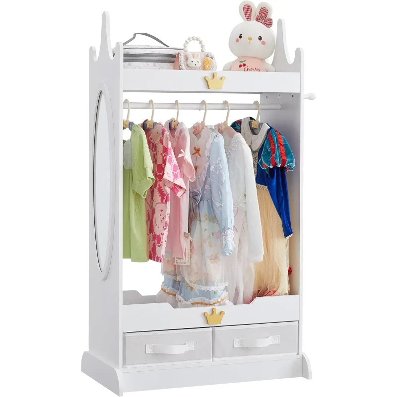 

Kids Dress Up Storage with Mirror, Kids Armoire with Non-Woven Drawers, Open Costume Closet with Hanging Rack for Toddlers