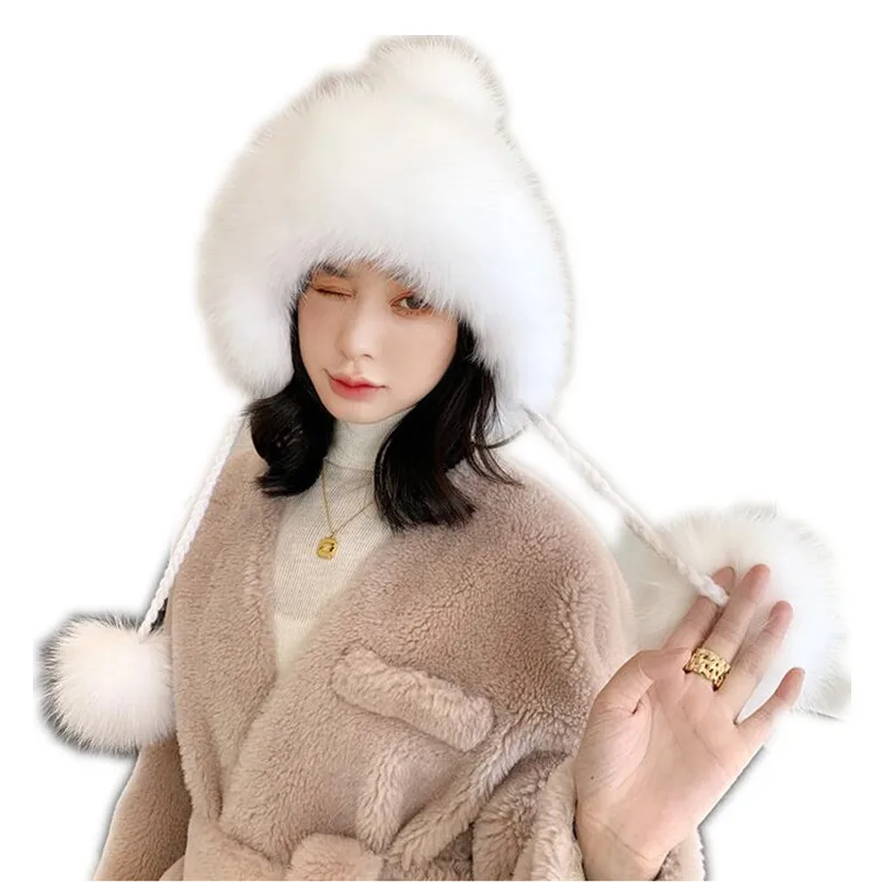 

Winter Beanies Real Mink Fur Hat for Women Warm Genuine Fox Fur Pompom handmade Knitted Cap Cute Outdoor Skull Cap