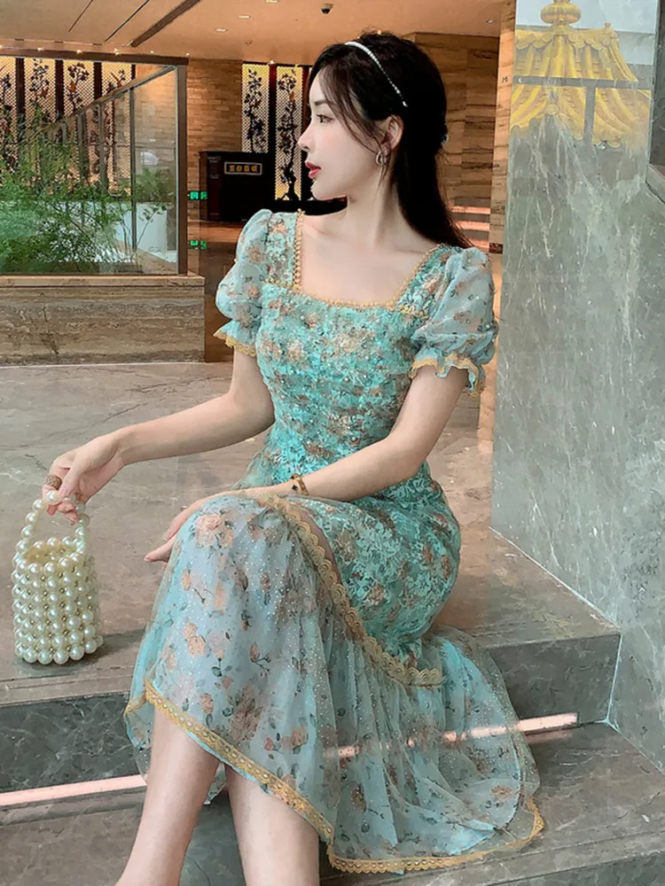 French Vintage Floral Print Summer Dresses 2024 Sweet Squared collar Short Puff Sleeve Beaded Mesh Lace Party Vestidos De mujer