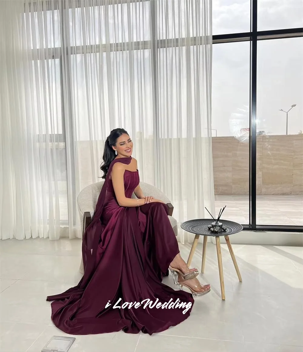 สีม่วงชุดราตรีชุดราตรี 2025 แขนกุดBackless Mermaidชั้นความยาวด้านข้างแยกกวาดรถไฟจีบชุดที่กําหนดเอง