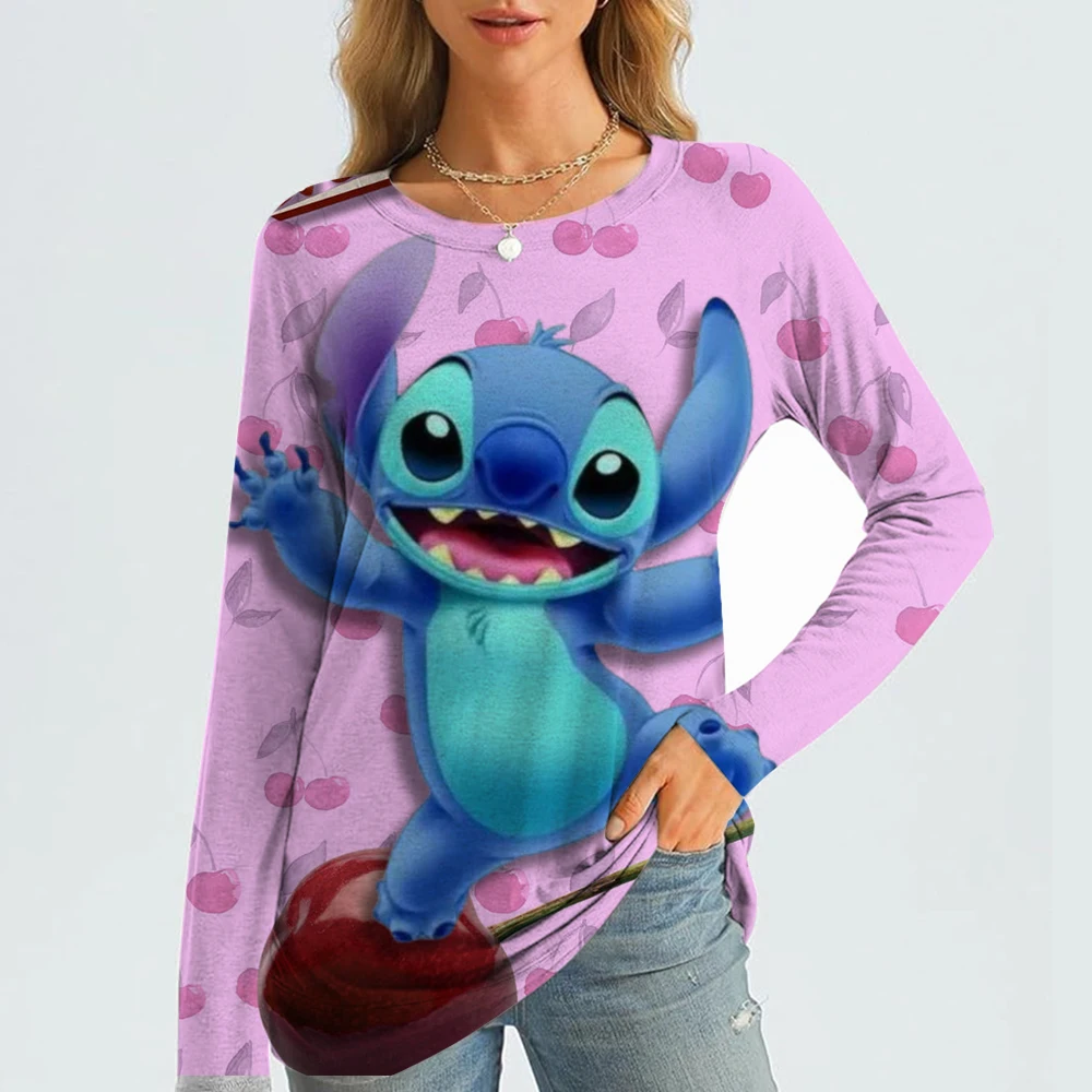 

2026 Lilo&Stitch Women's Loose Casual Printed O-neck Long Sleeve Pattern Shirt, Daily Fashion T-shirt