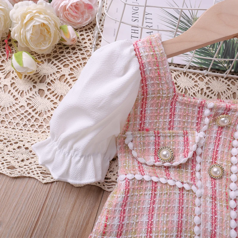 Humor Bear Kids Clothes Checked Pearl Buckle Floral Dress Cute Princess Dress Puff Sleeves With Small Fragrance Dress