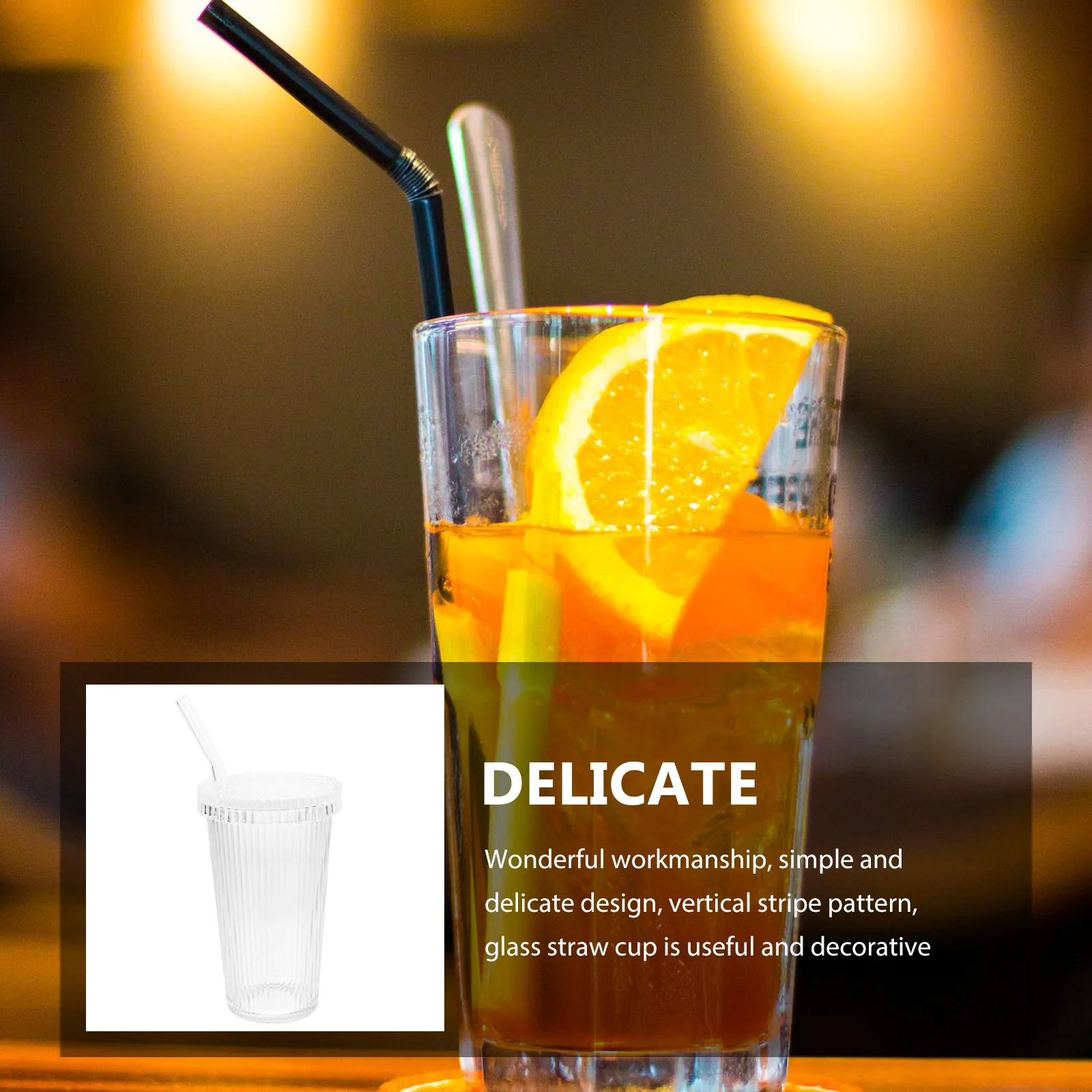 

Vertical Stripe Glass Straw Cup Lid Reusable Coffee Milk Tea Juice Water Clear Drinking Cup Glass Cups with Lids and Straws