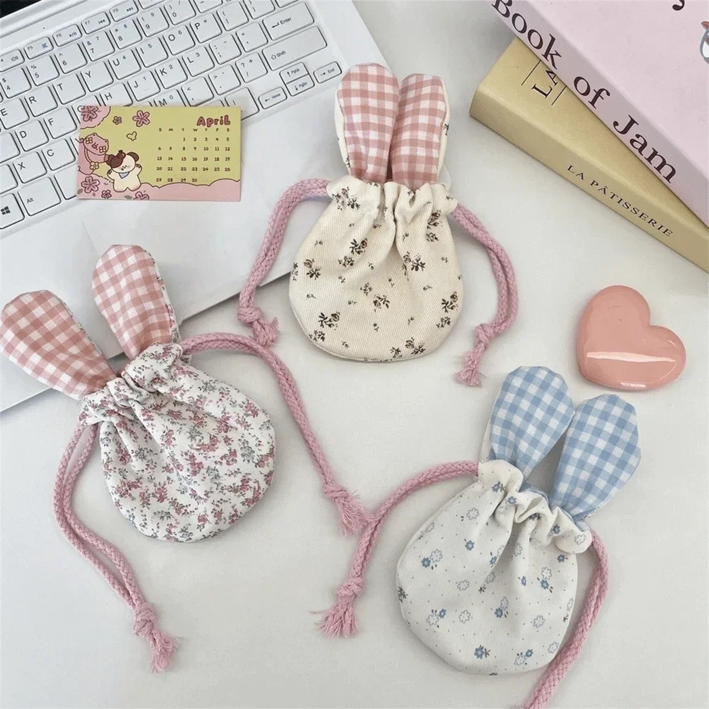 Cute Mini Bunny Ears Storage Bag Drawstring Portable Lipstick Organizer Pouch Multi functional Tote Bag Data Line Storage