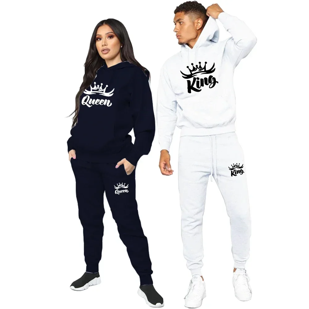 2024 Mens KING QUEEN Printed Couple Hoodies Sportwear Set Lover Tracksuit Hoodie 2 Piece Hoodi Suits Lover Clothes