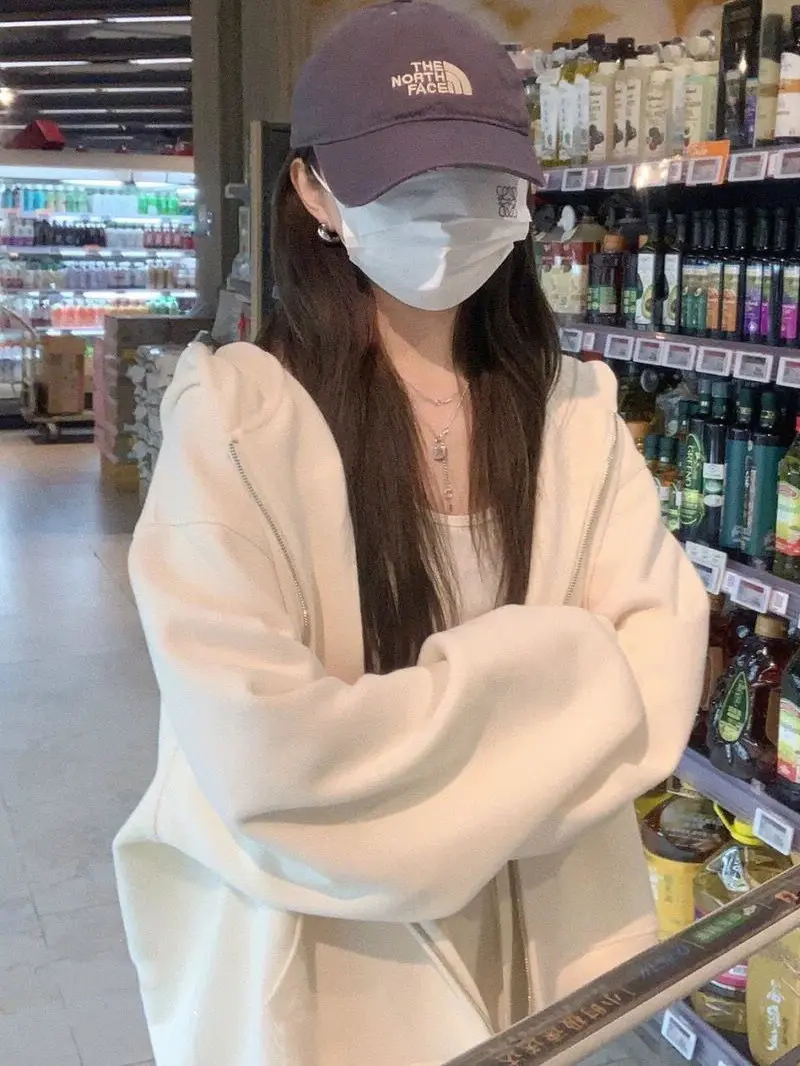 Women's Oversize Hoodie Thickened Fleece Zipper Cardigan Long Sleeve Sweatshirt Korean Style Commute Wind Pure Color Spring A...