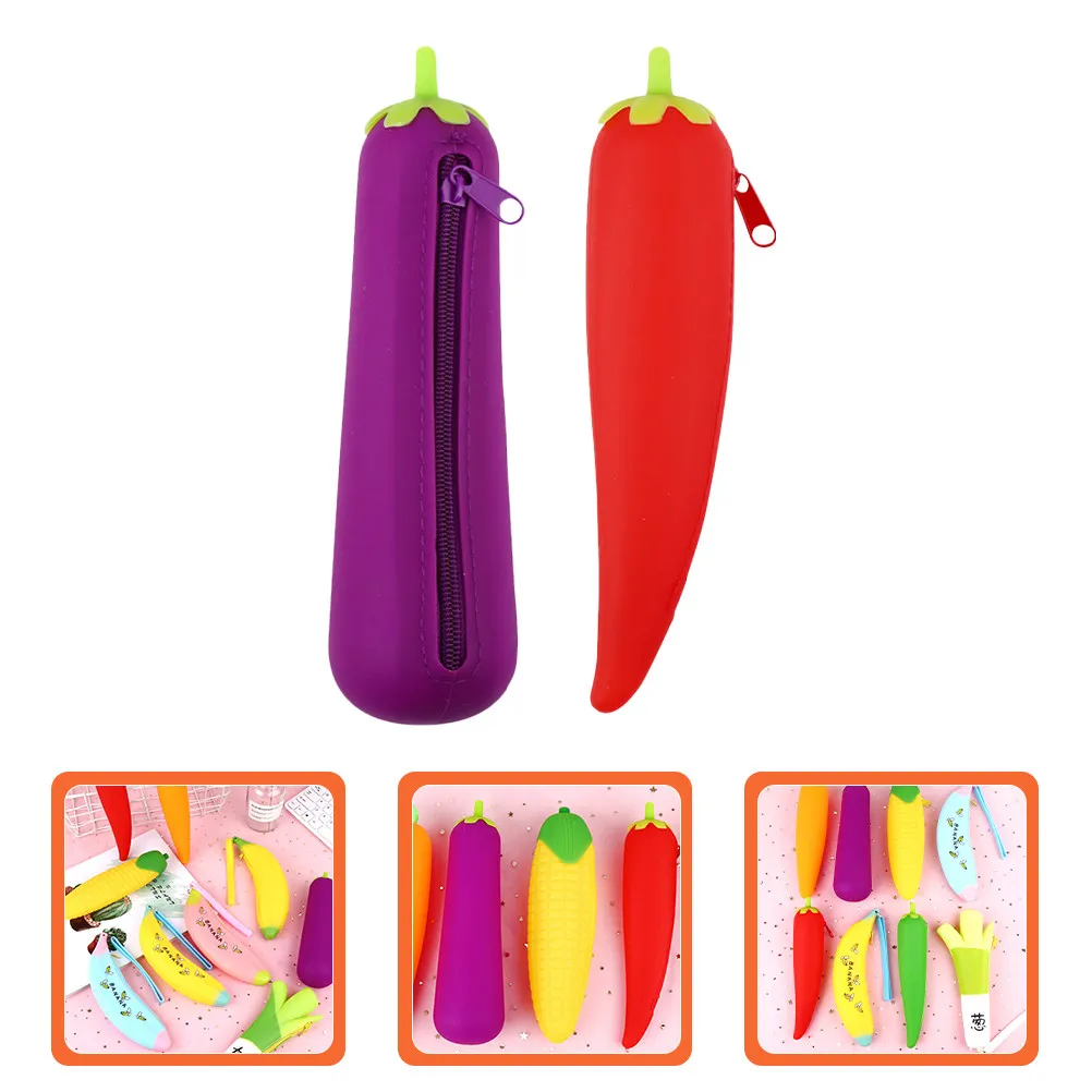 2Pcs Silicone Pencil Pouches Vegetable Design Zipper Pen Bag Large Capacity Student Stationery Organizer School Supplies Gift