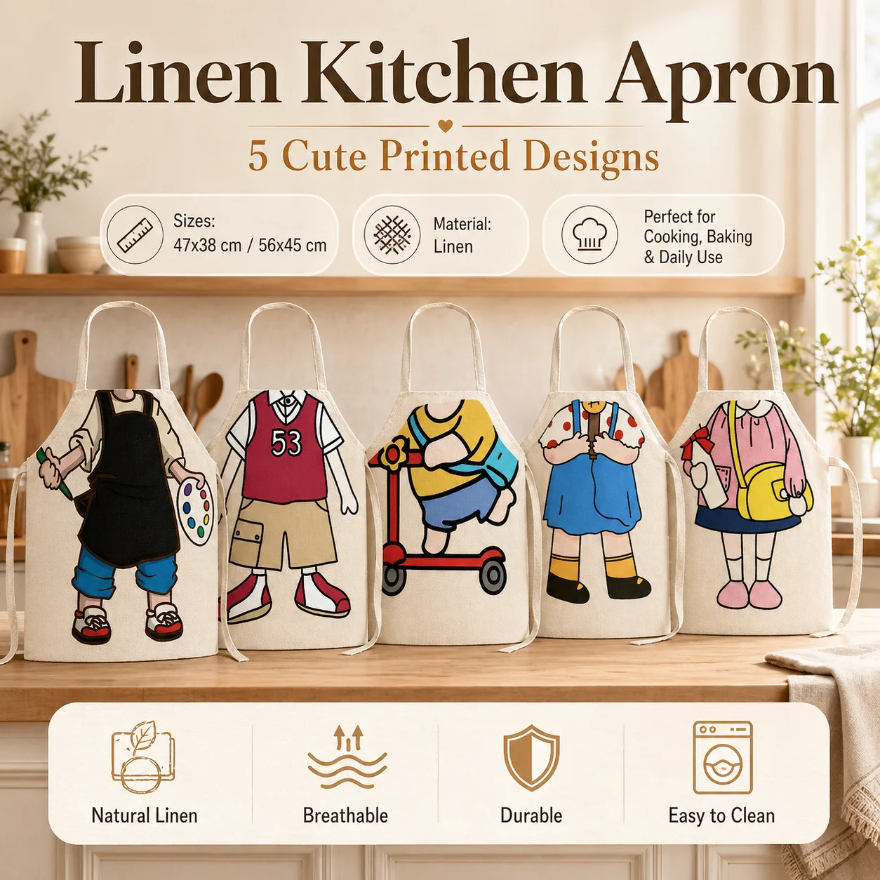 

Funny Cartoon Character Printed Linen Kitchen Apron for Women Kids Cute Cosplay Pinafore Home Cooking Baking Cleaning Bibs